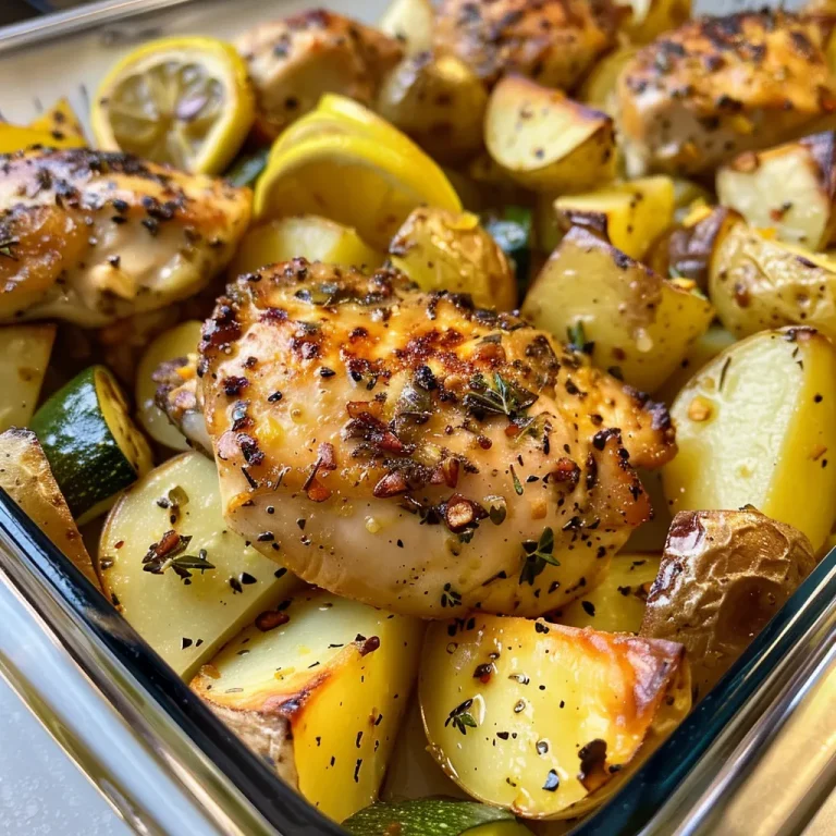 A close-up view of a healthy meal prep bowl featuring lemon garlic chicken and colorful vegetables.