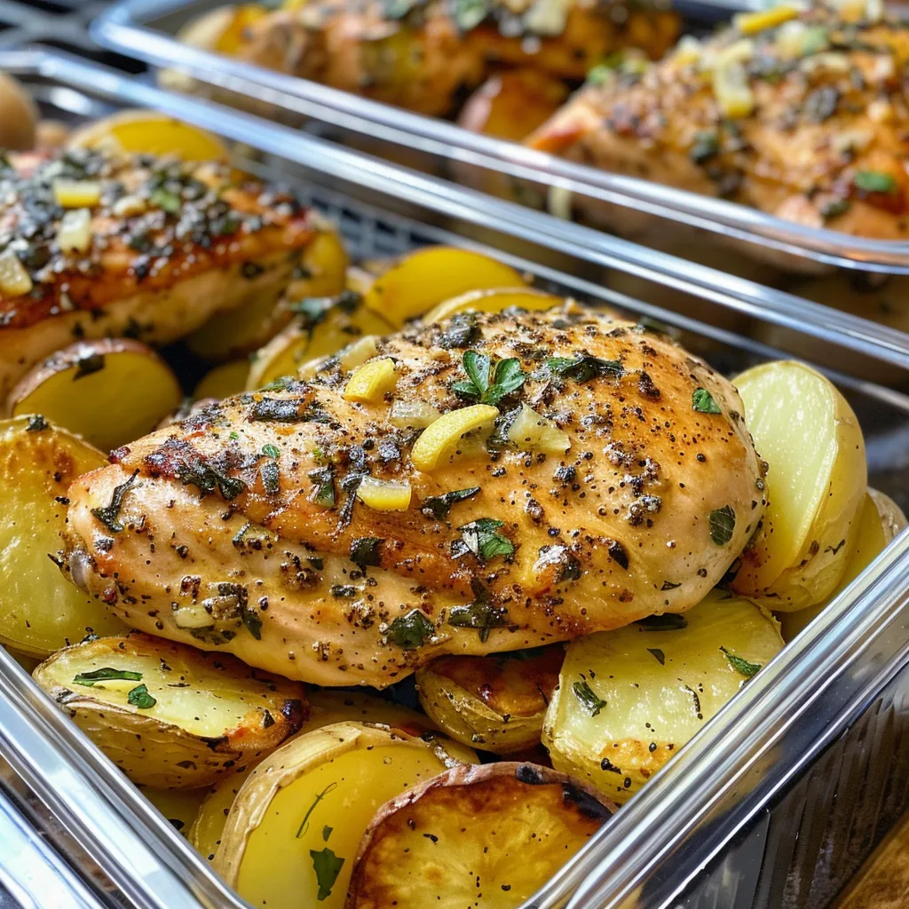 Beautifully arranged meal prep bowl with lemon garlic chicken, yellow potatoes, and zucchini slices.