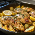Close-up of a healthy lemon garlic chicken meal prep bowl featuring chicken, potatoes, and zucchini.