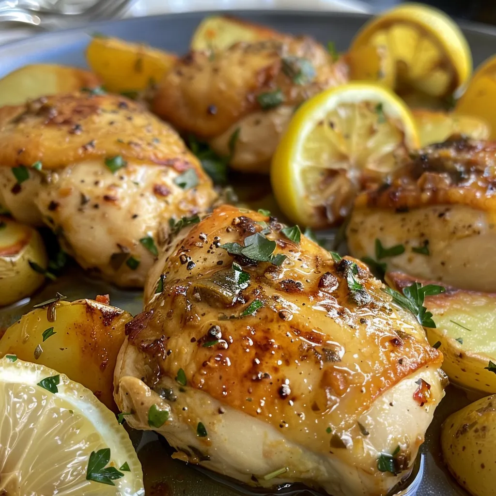 A vibrant meal prep bowl with lemon garlic chicken, yellow potatoes, and sliced zucchini.