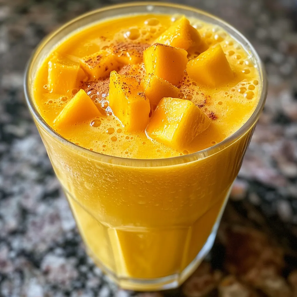 Side view of a delicious mango yogurt smoothie filled with frozen mango chunks and garnished with a lime wedge.