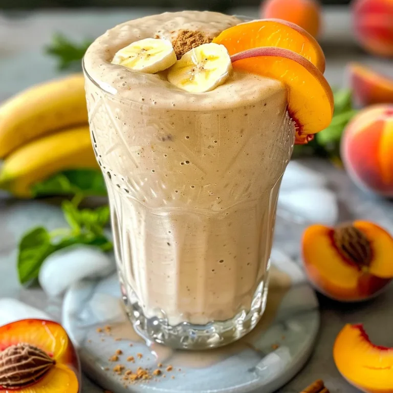 Close-up of a creamy peach protein shake in a glass with a peach slice on the rim.