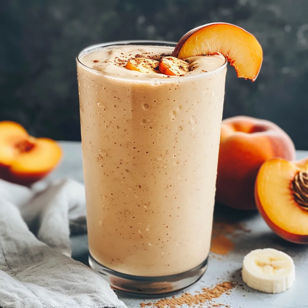 Side view of a healthy peach protein shake with a straw, garnished with fresh peach slices.