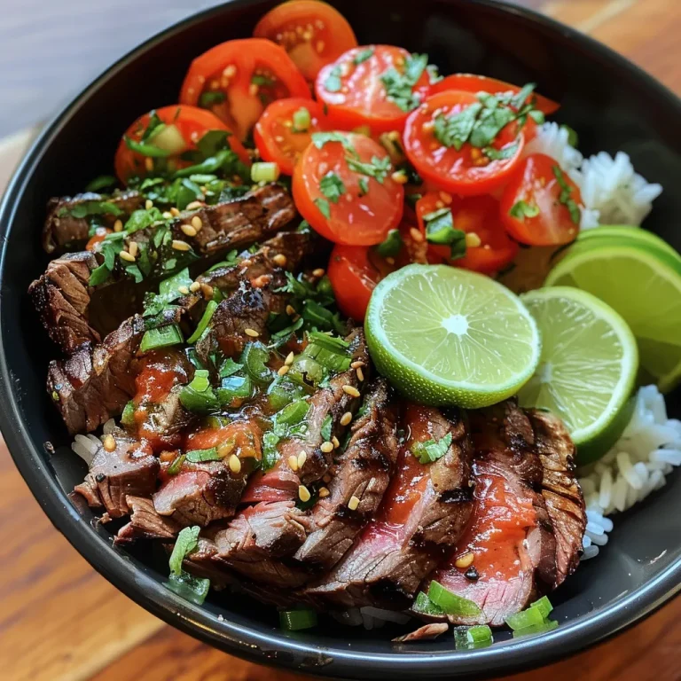 Close-up view of a healthy steak bowl with sliced steak and fresh ingredients.