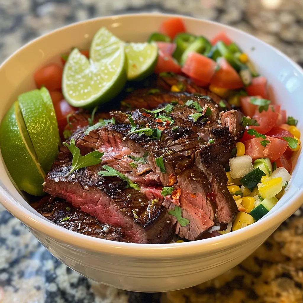 Side view of a colorful healthy steak bowl featuring juicy flank steak.