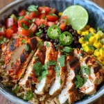 Close-up of a vibrant Tex-Mex chicken bowl featuring grilled chicken, rice, black beans, corn, and fresh toppings.