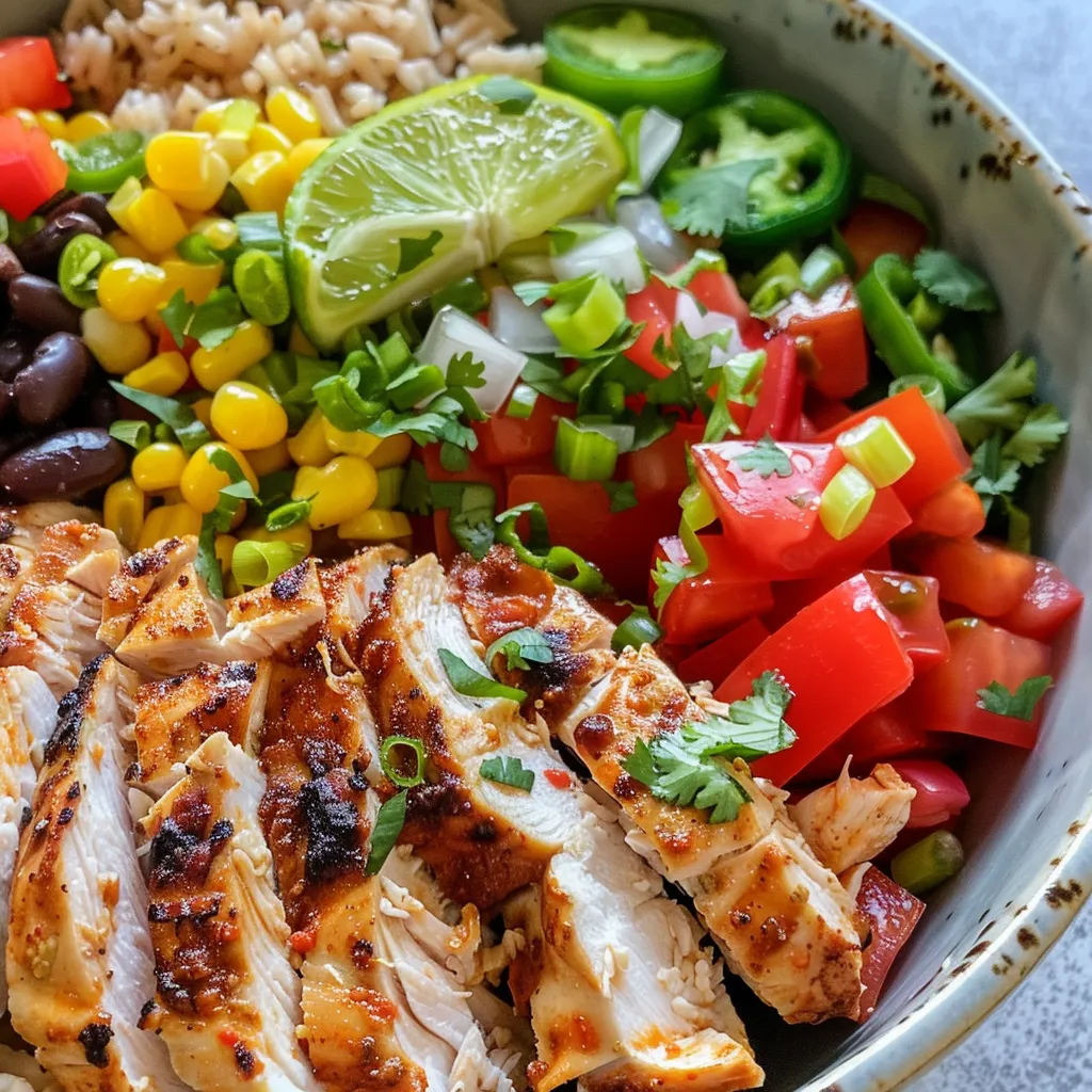 Juicy Tex-Mex chicken bowl garnished with jalapeños, tomatoes, and green onions, served in a rustic bowl.