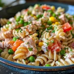 A vibrant bowl of Healthy Tuna Pasta Salad featuring pasta, peas, and colorful vegetables.