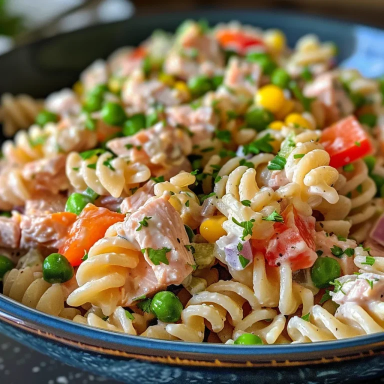 A vibrant bowl of Healthy Tuna Pasta Salad featuring pasta, peas, and colorful vegetables.