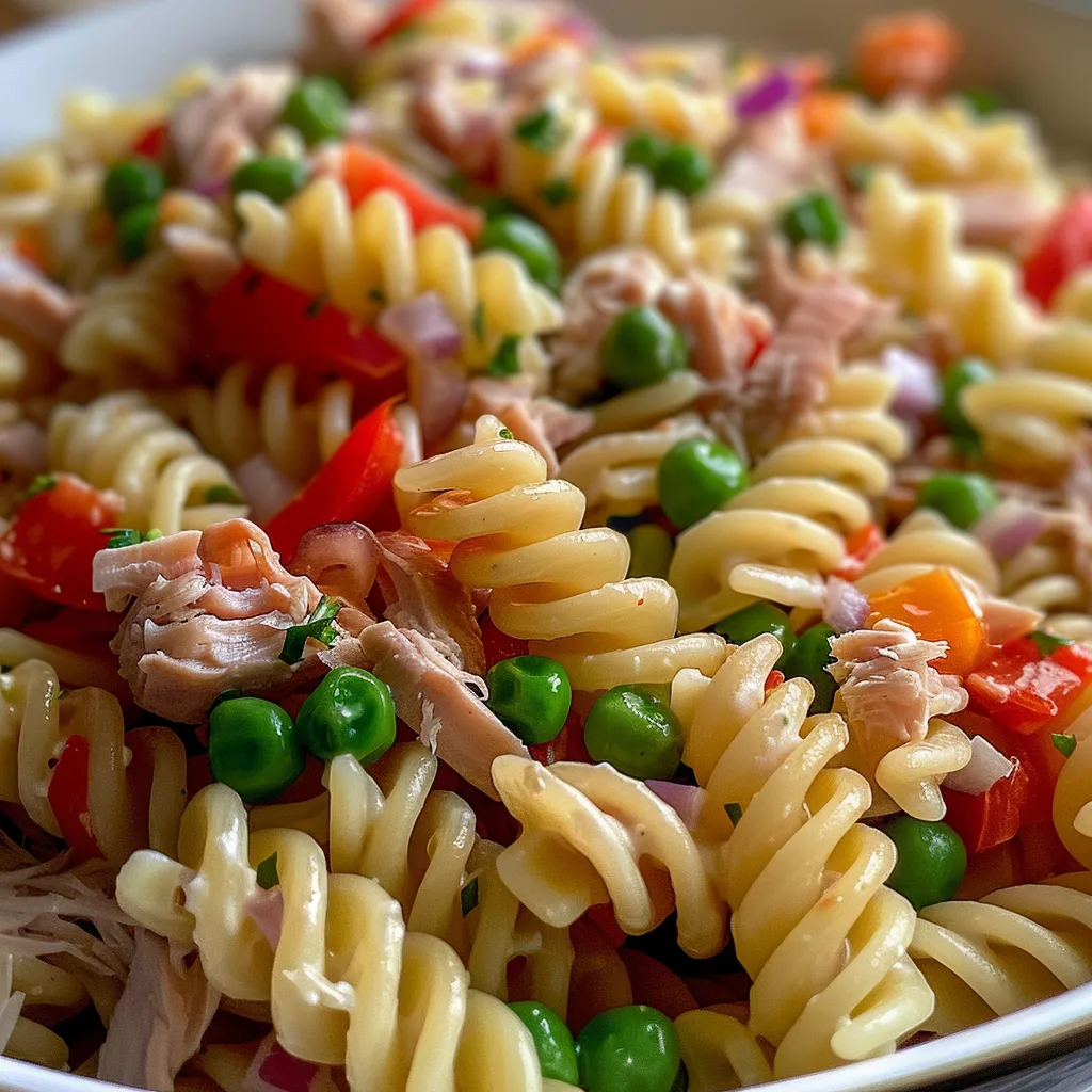 Close-up of a Healthy Tuna Pasta Salad with macaroni, tuna, and fresh ingredients displayed in a bowl.