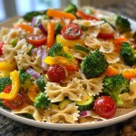 Close-up view of a vibrant veggie pasta salad with colorful vegetables and farfalle pasta.