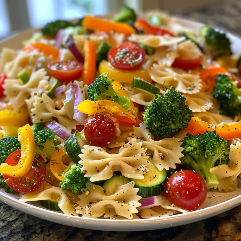 Fresh and Flavorful Your Go-To Healthy Veggie Pasta Salad Close-up view of a vibrant veggie pasta salad with colorful vegetables and farfalle pasta.