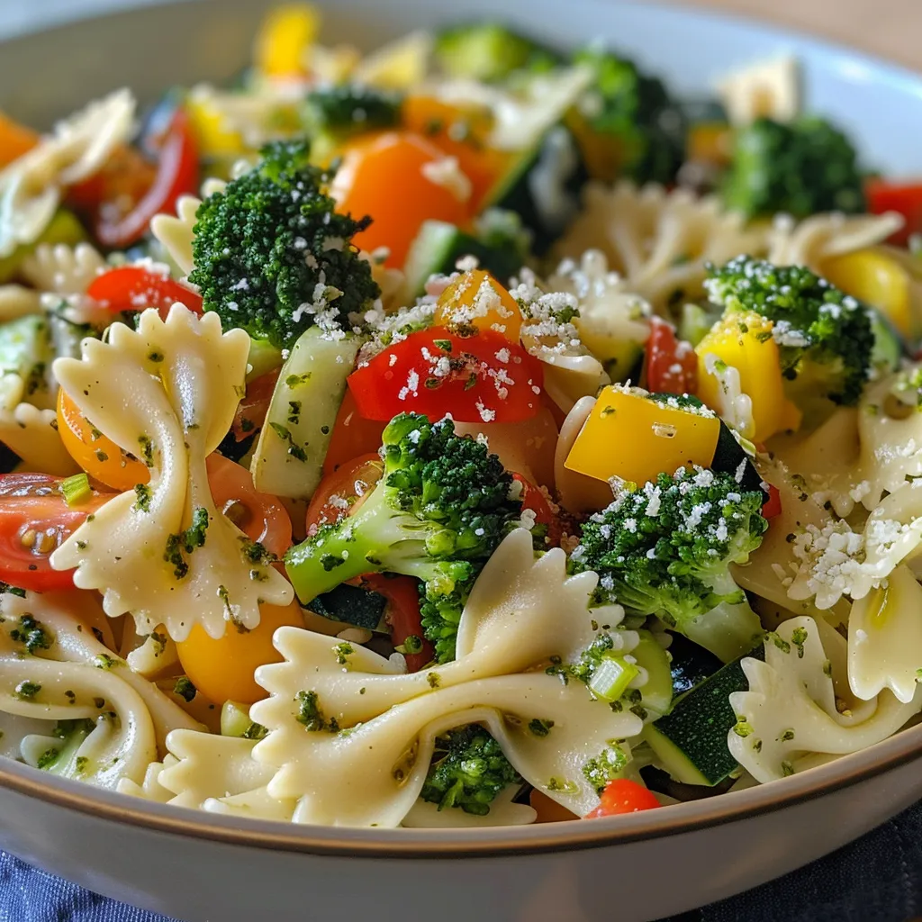 Side view of a healthy pasta salad featuring diced zucchini, broccoli, bell peppers, and cherry tomatoes.