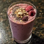 Close-up side view of a vibrant berry smoothie in a glass.