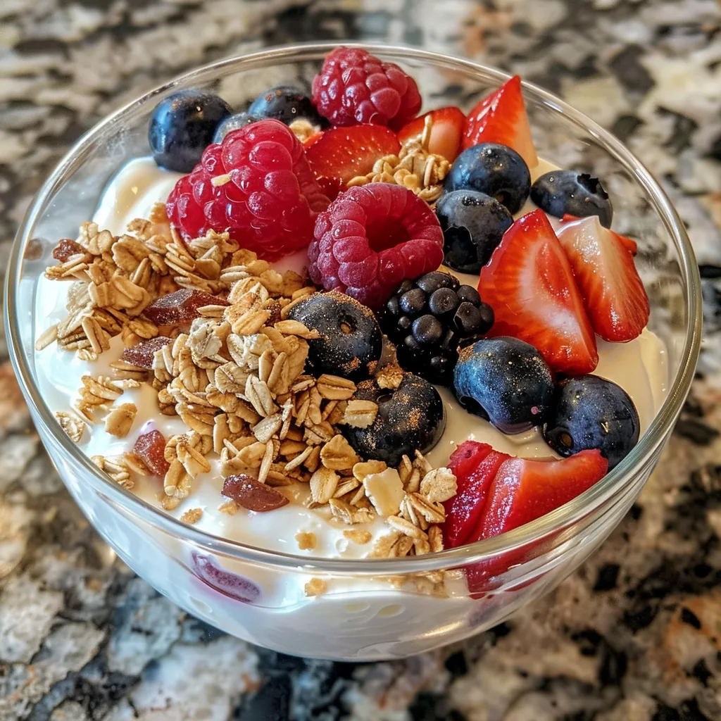 Side view of a high protein yogurt parfait featuring colorful berries and granola in a transparent glass.