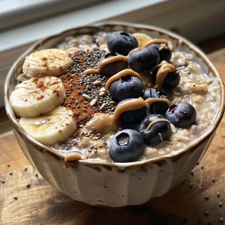 Rise and Shine with This Delicious High Protein Oatmeal Bowl A close-up side view of a high protein oatmeal bowl with blueberries and almond butter.