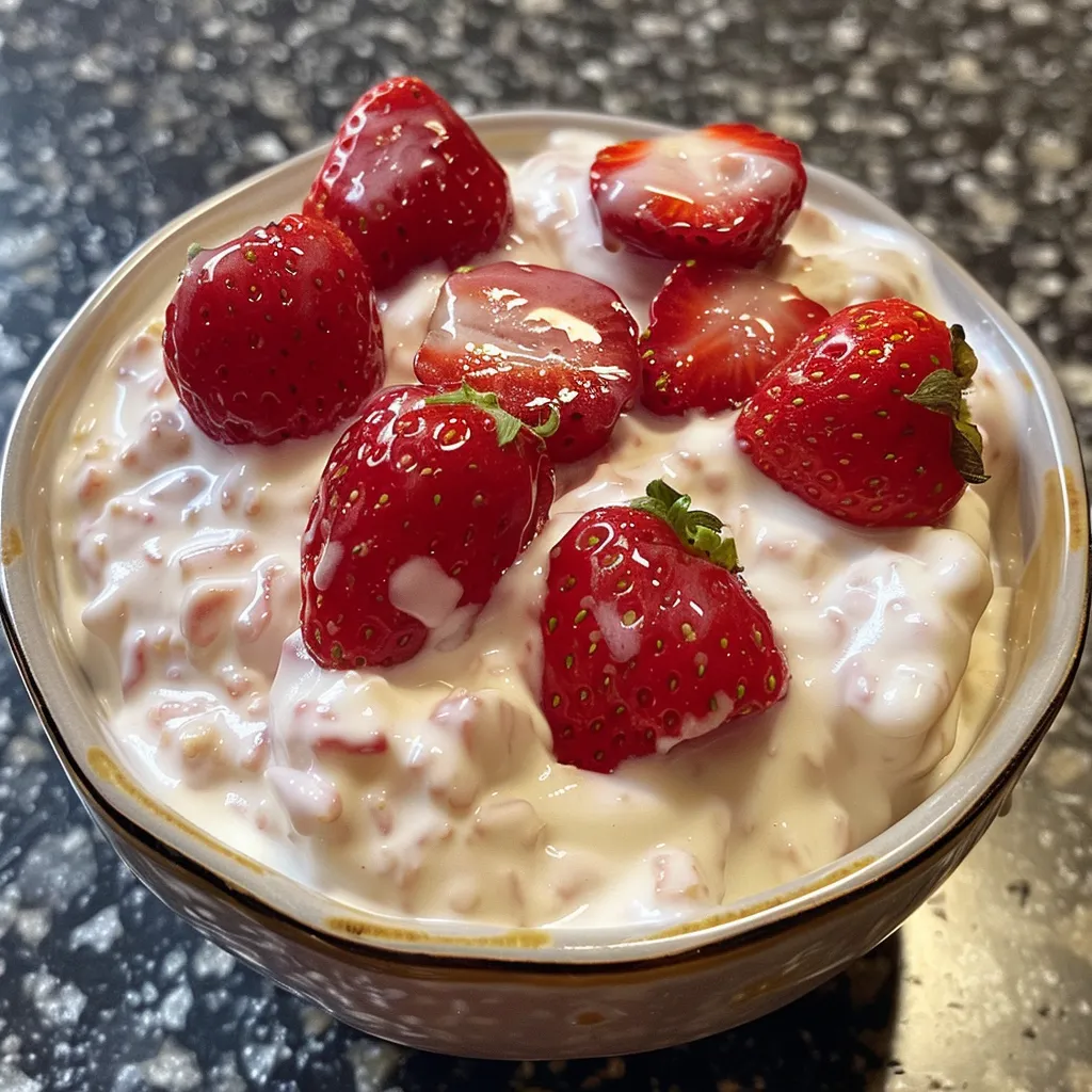 A side perspective of a bowl of vibrant pink homemade strawberry yogurt, showcasing its smooth texture.