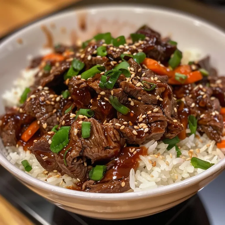 Close-up of a Honey Garlic Beef Rice Bowl featuring tender slices of beef on a bed of white rice and colorful vegetables.