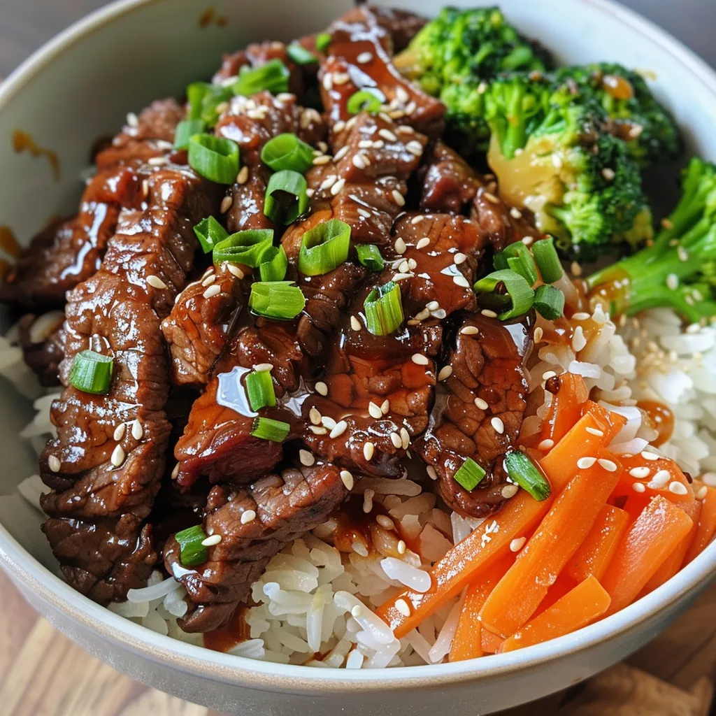 Side view of a Honey Garlic Beef Rice Bowl showcasing juicy beef, rice, and garnishes of green onions and sesame seeds.