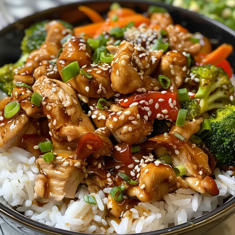 Close-up view of Honey Garlic Chicken Rice Bowl with colorful vegetables.