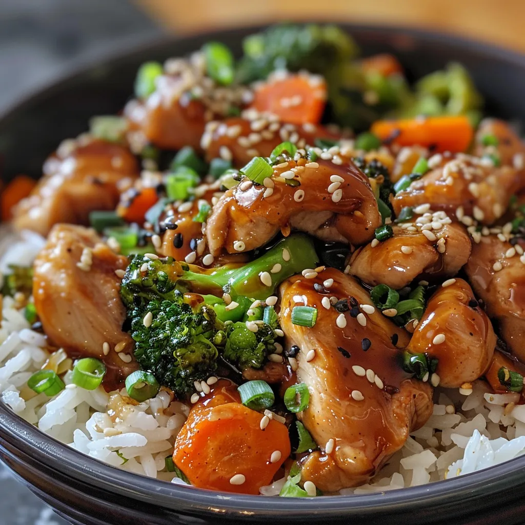 Side perspective of a Honey Garlic Chicken Rice Bowl garnished with sesame seeds.