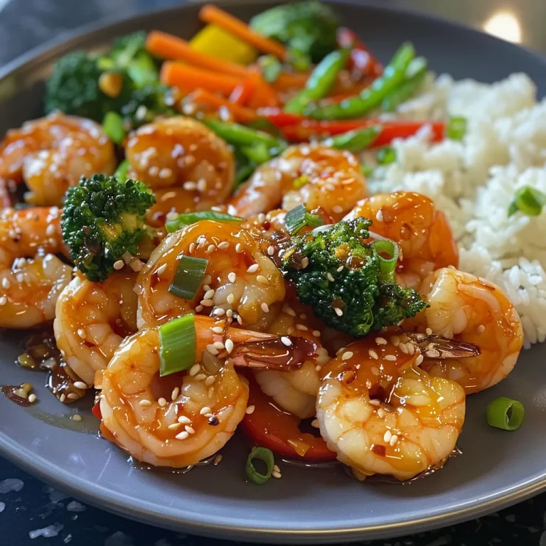 Close-up view of honey garlic shrimp served over rice with colorful vegetables.