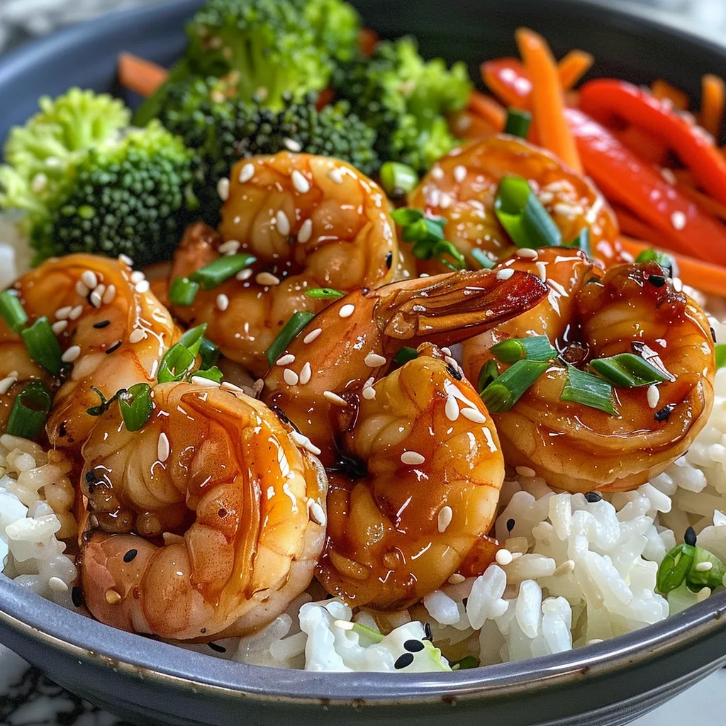 Juicy shrimp glazed with honey garlic sauce atop a bed of rice and fresh veggies.