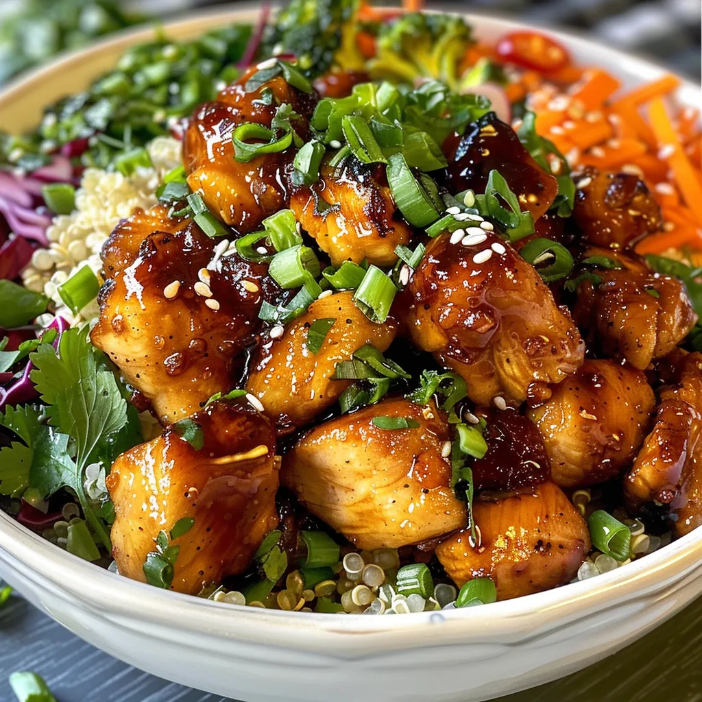 Side view of a vibrant quinoa bowl topped with succulent hot honey chicken and fresh greens.