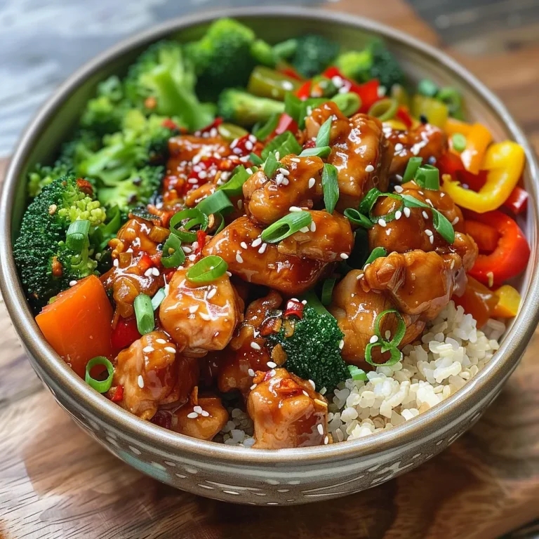 Close-up of a vibrant hot honey chicken bowl featuring juicy chicken, colorful vegetables, and rice.