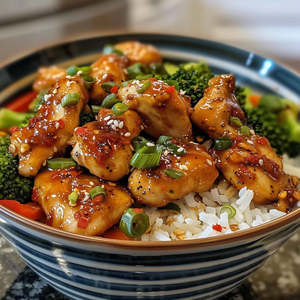 Side view of a hearty hot honey chicken bowl with glistening chicken pieces, mixed vegetables, and a base of quinoa.