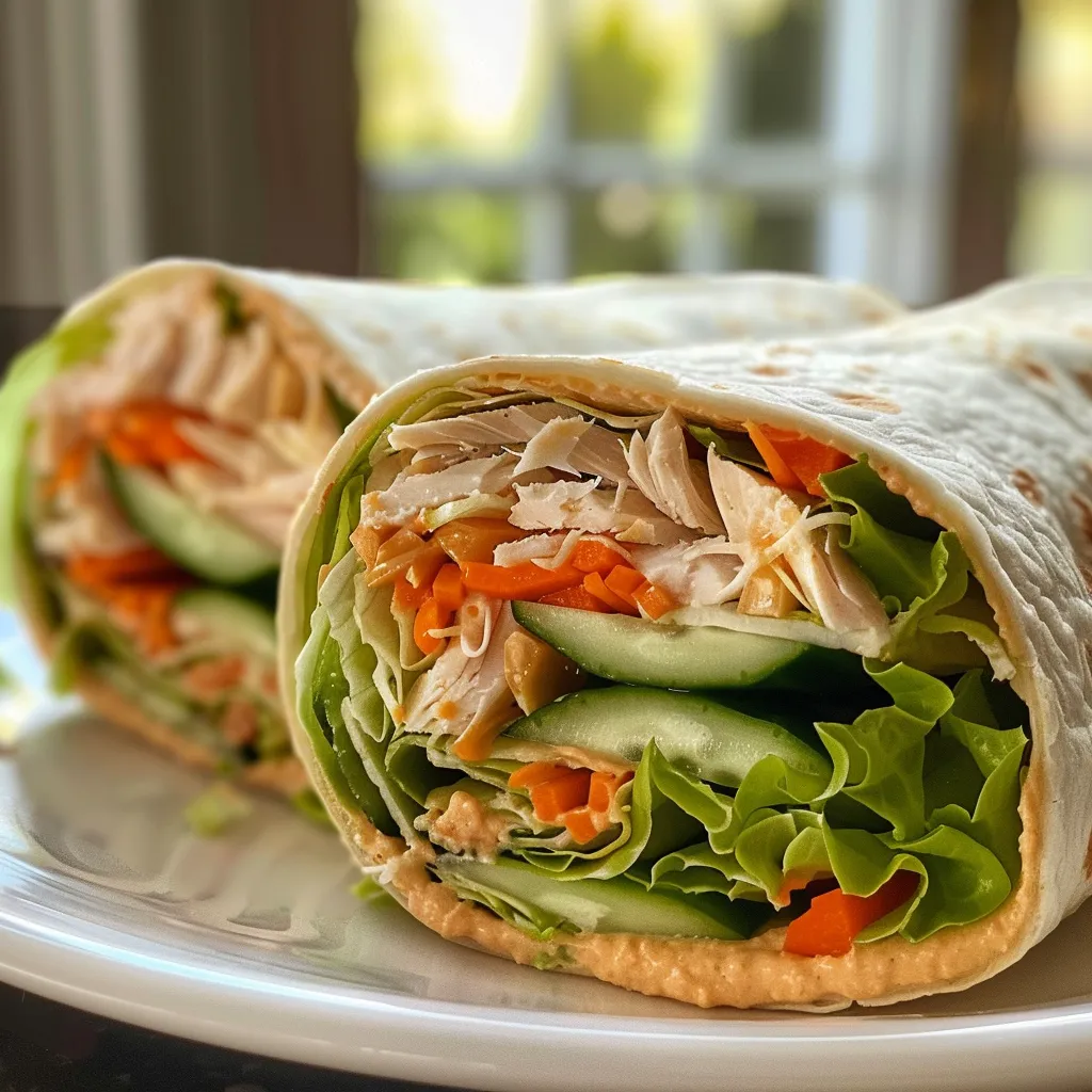 Side angle shot of a colorful Crunch Wrap filled with turkey, hummus, and vegetables.