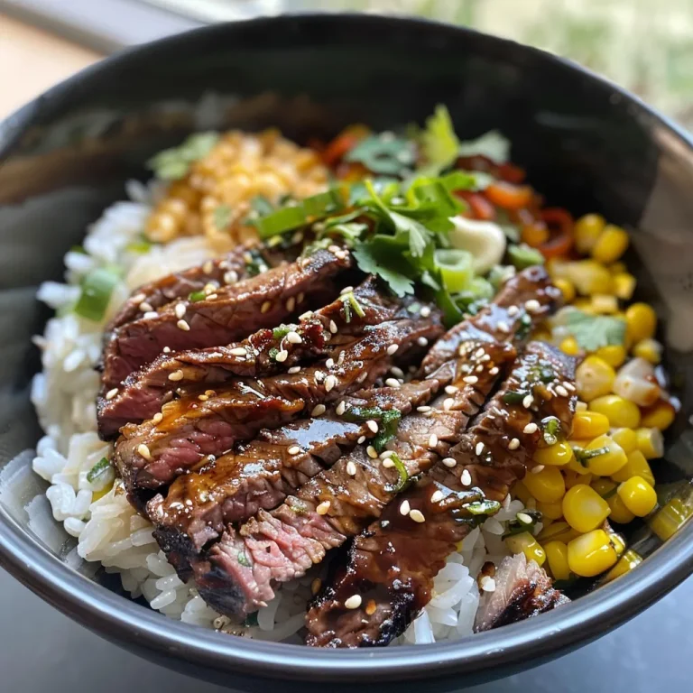 Close-up view of a Korean BBQ beef bowl with corn and creamy sauce.