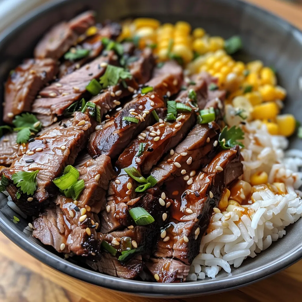 Juicy sliced beef over rice topped with sweet corn and a drizzle of sauce.