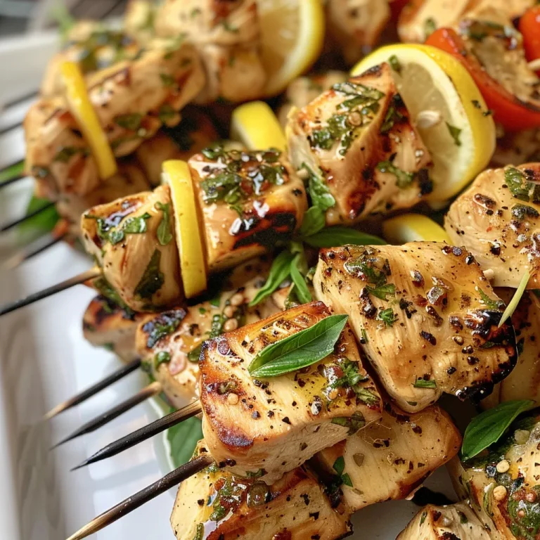Juicy lemon basil chicken skewers on a grill, with vibrant greens and golden brown chicken pieces.