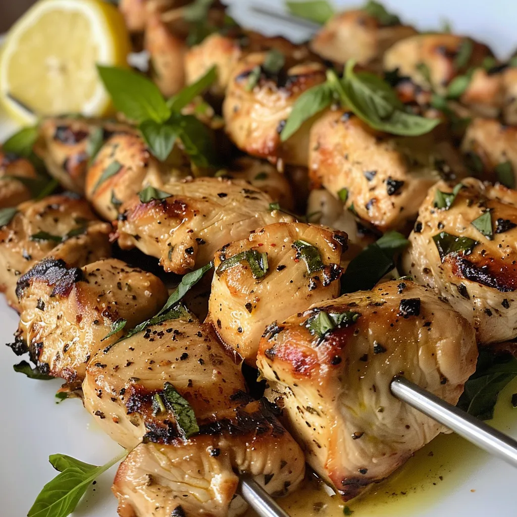 Close-up side view of grilled chicken skewers garnished with fresh basil and lemon slices.