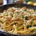 A close-up view of Lemon Chicken Pasta with vibrant greens and bright yellow lemon zest.
