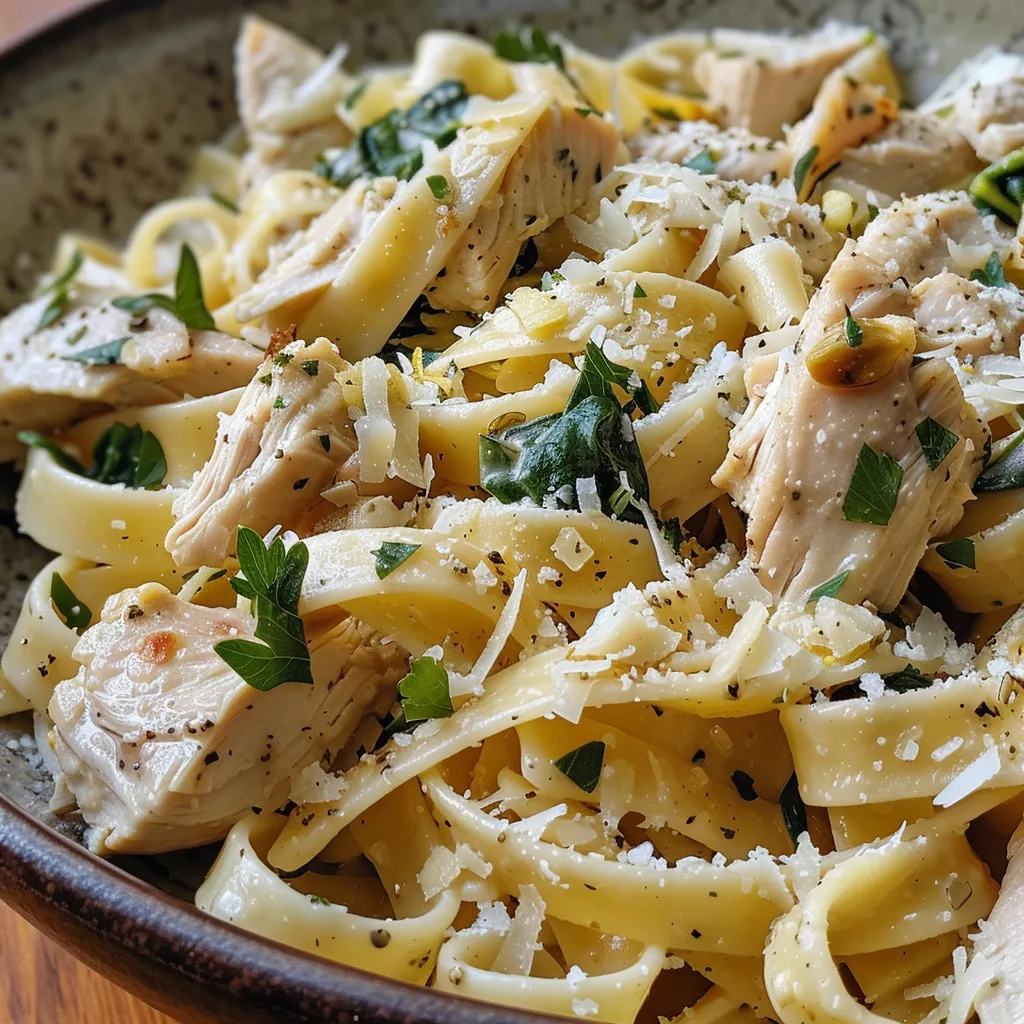 Juicy lemon chicken pasta served in a bowl with grated Parmesan.