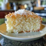 Close-up side view of a moist lemon coconut cake with frosting and toasted coconut on top.