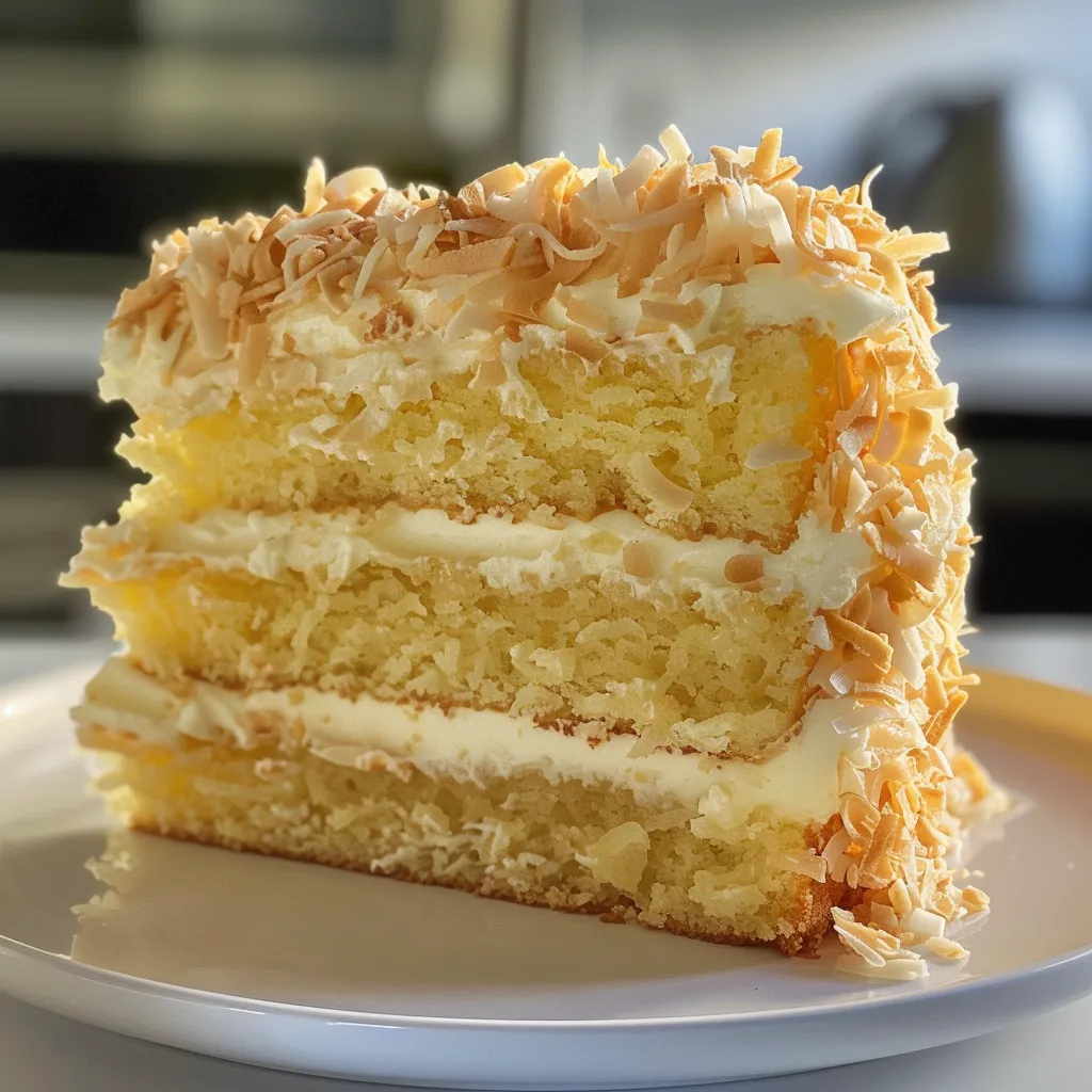 A slice of lemon coconut cake showcasing its creamy lemon curd filling and coconut flakes.