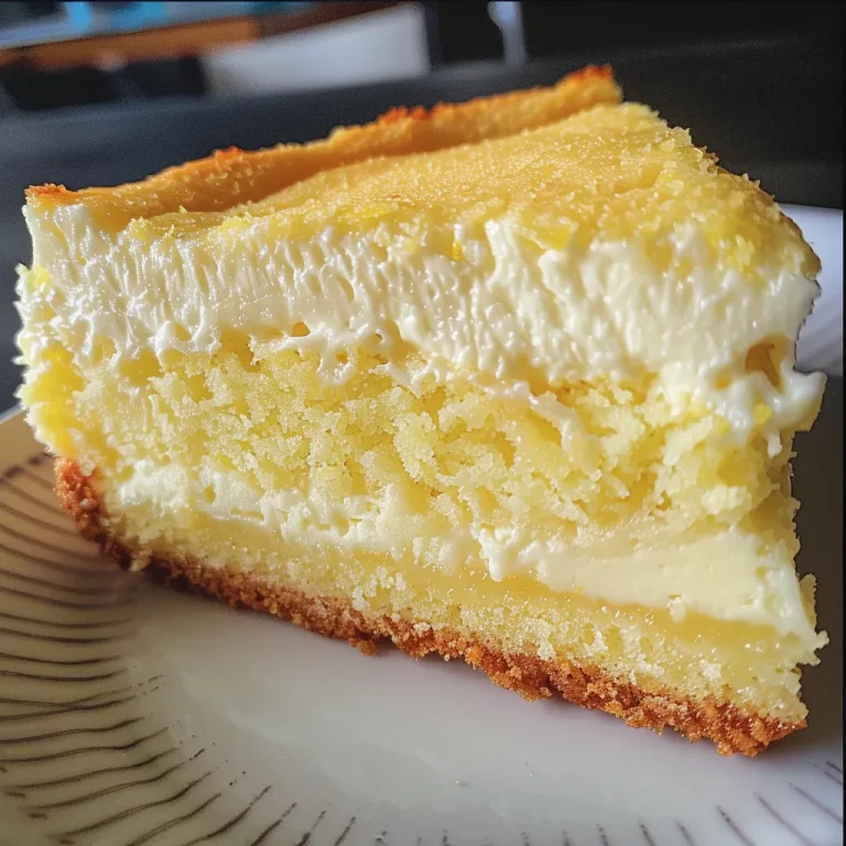 A close-up side view of a moist lemon cream cheese cake topped with a creamy frosting.