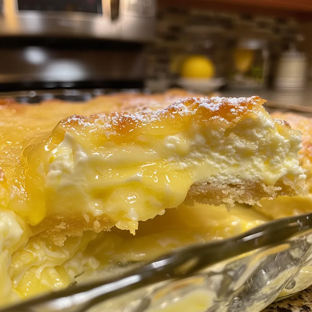 Side view of a moist Lemon Cream Cheese Dump Cake, showcasing its layered texture.