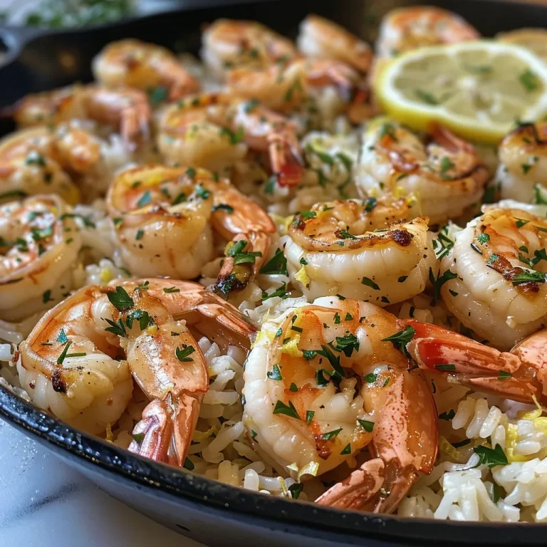 One-Pan Wonder Lemon Garlic Shrimp and Rice for Effortless Flavor Close-up view of a vibrant Lemon Garlic Shrimp and Rice Skillet dish with garnishes.