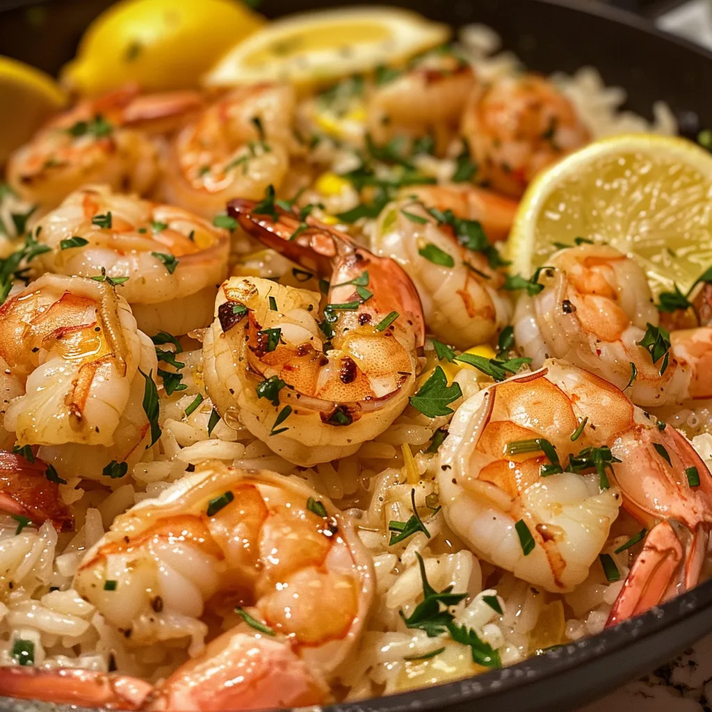 Side view of a skillet filled with cooked shrimp, rice, and lemon slices, glistening with sauce.