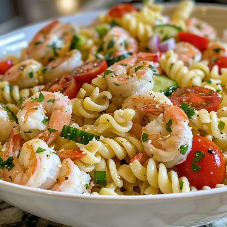 Close-up of a vibrant Lemon Garlic Shrimp Pasta Salad featuring shrimp, pasta, and fresh vegetables.