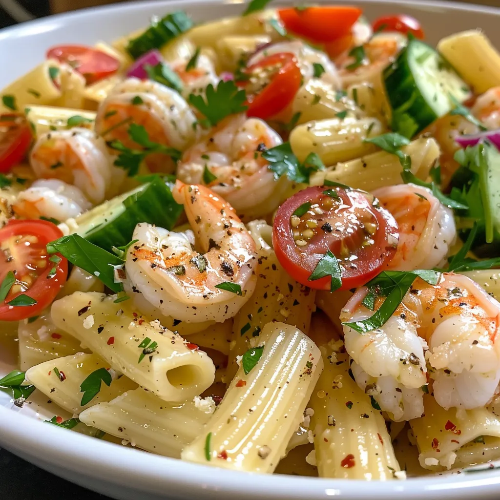 A side view of Lemon Garlic Shrimp Pasta Salad with shiny shrimp and colorful ingredients on a plate.