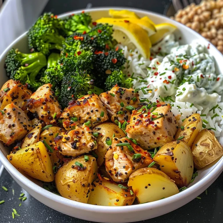 Brighten Your Dinner with Zesty Lemon Garlic Turkey Bowls A close-up view of a bowl filled with Lemon Garlic Turkey, potatoes, and broccoli.