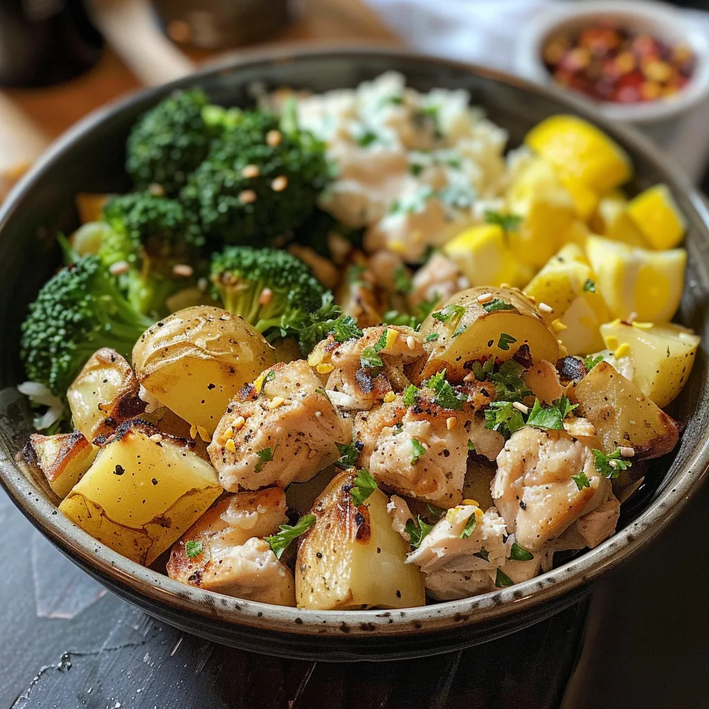 Juicy Lemon Garlic Turkey Bowls with rice, broccoli, and garnishes, presented in a side view.