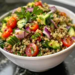 Close-up of a vibrant Lemon Herb Quinoa Salad with fresh ingredients.