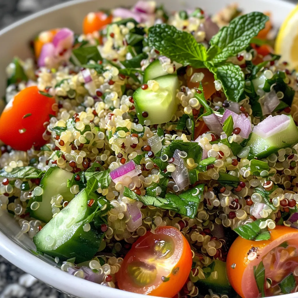 Side view of a colorful quinoa salad featuring lemon and herbs.