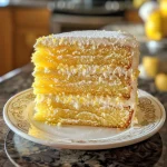 Close-up side view of a layered lemon cake with buttercream frosting.